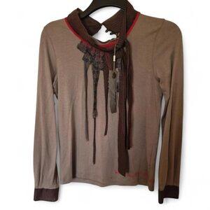 Cop Copine Brown and red Patch Work Collared Long Sleeve Boho Top . Size 3